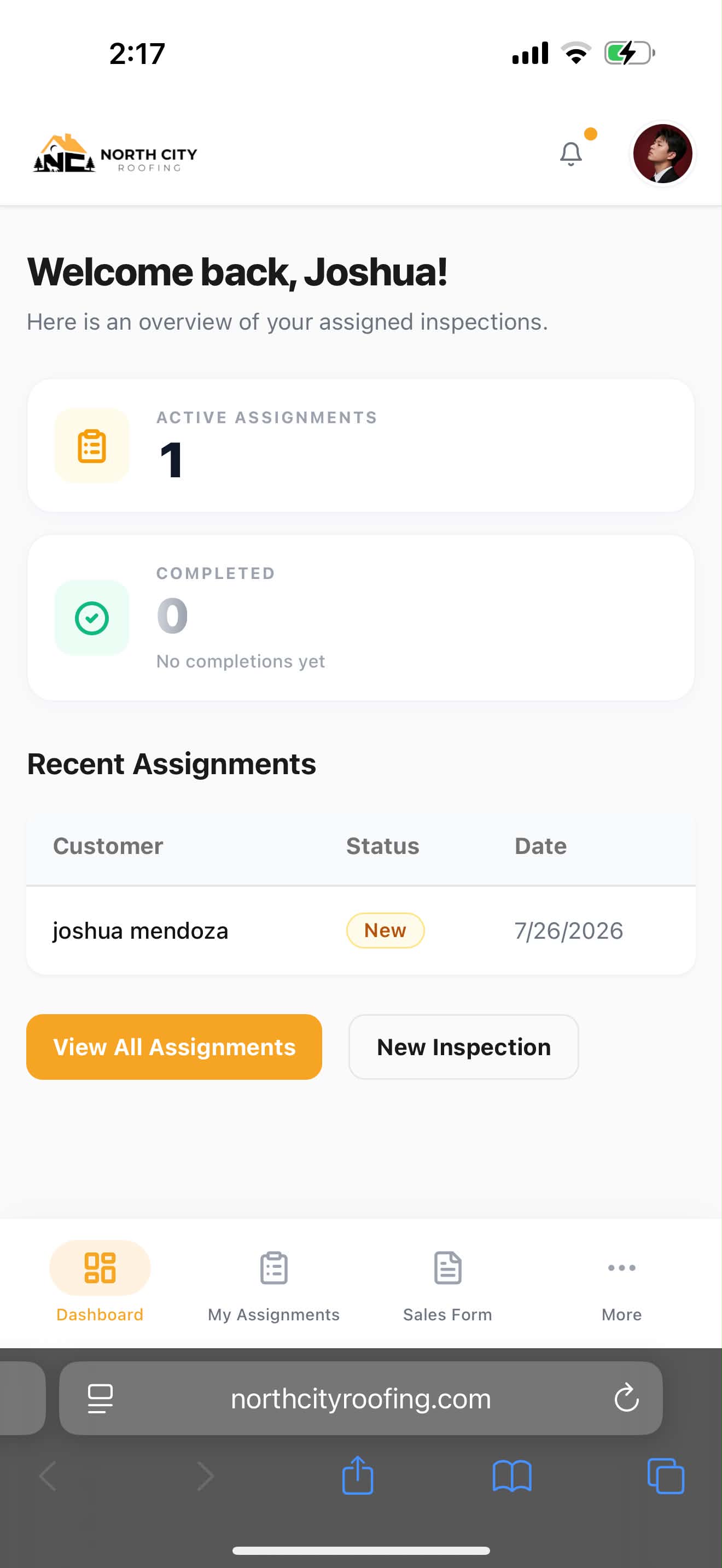 North City Roofing dashboard — my assignments