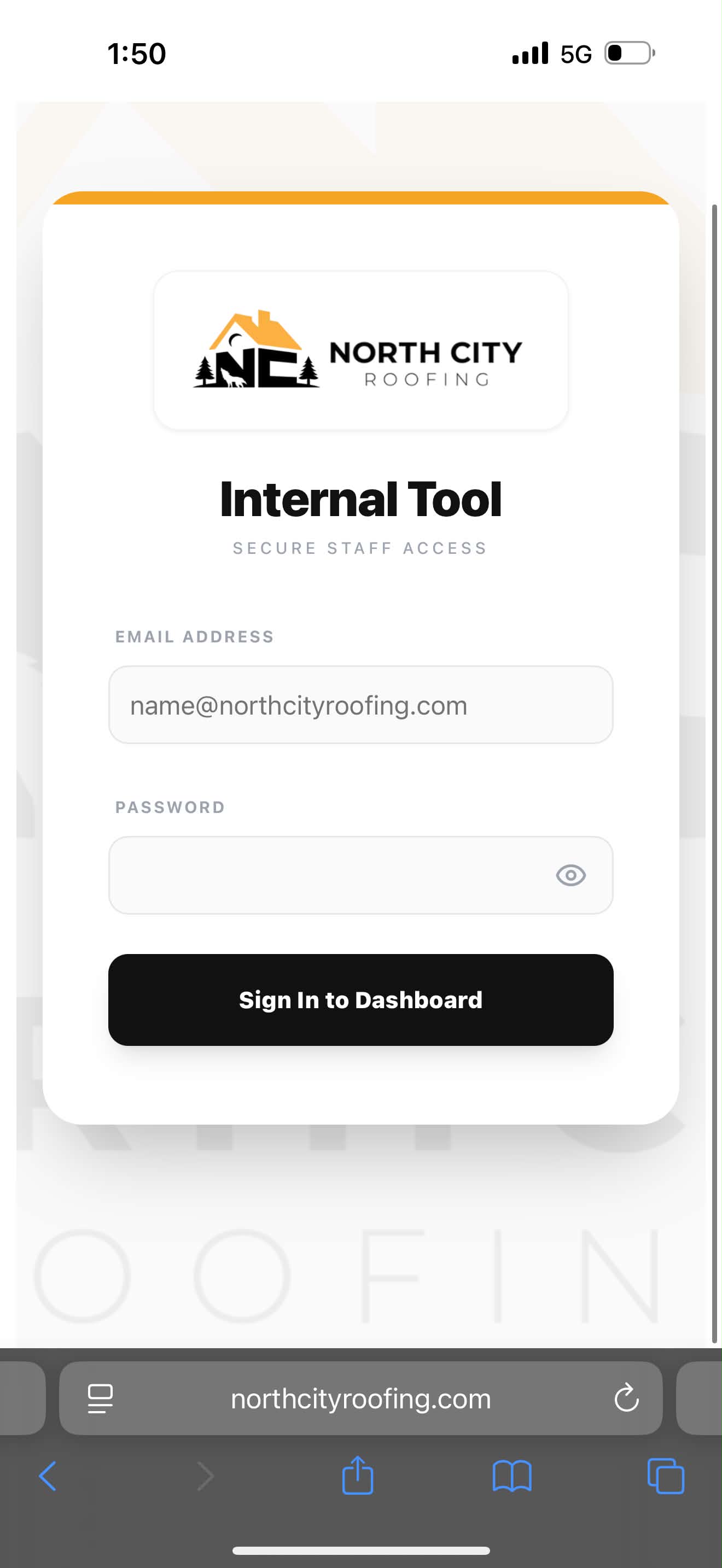 North City Roofing dashboard — secure sign-in