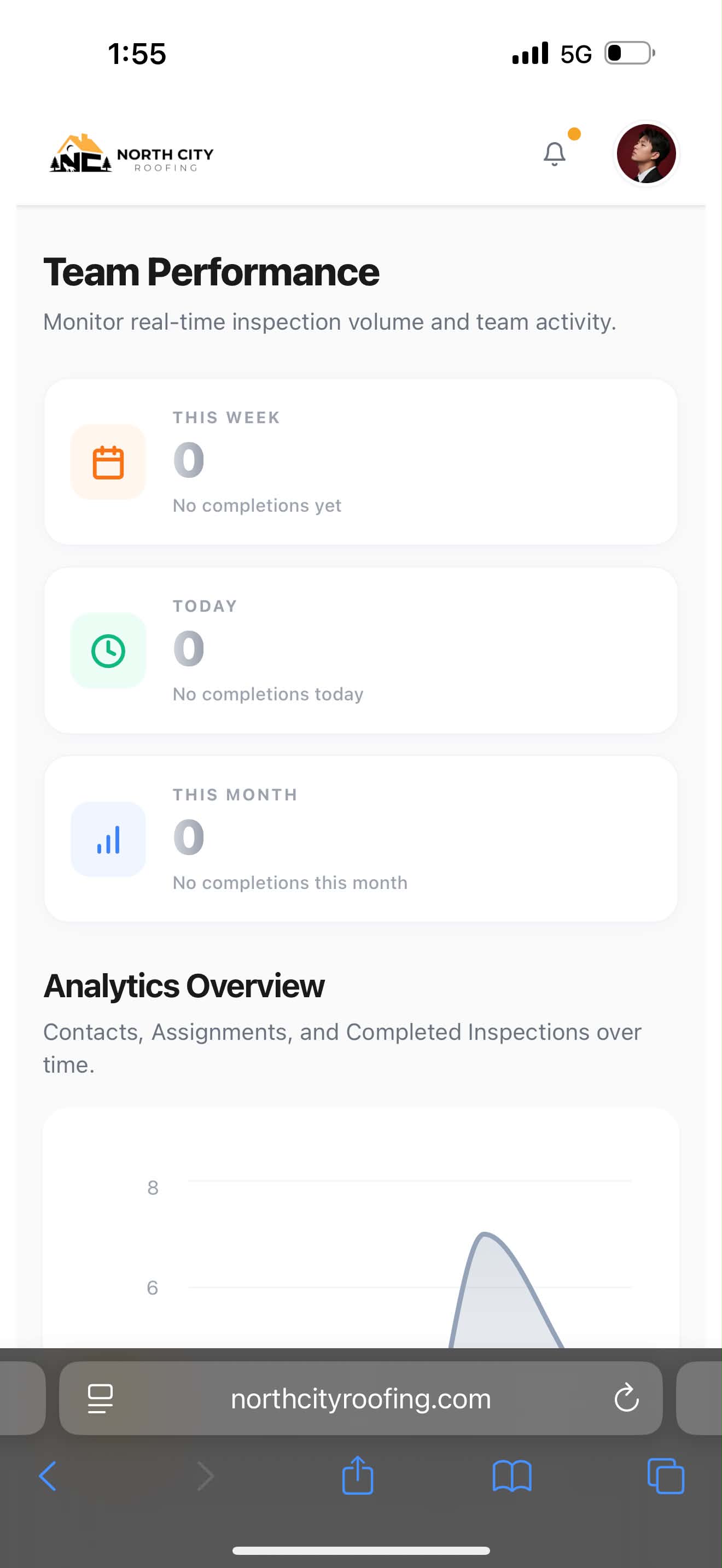 North City Roofing dashboard — welcome home screen